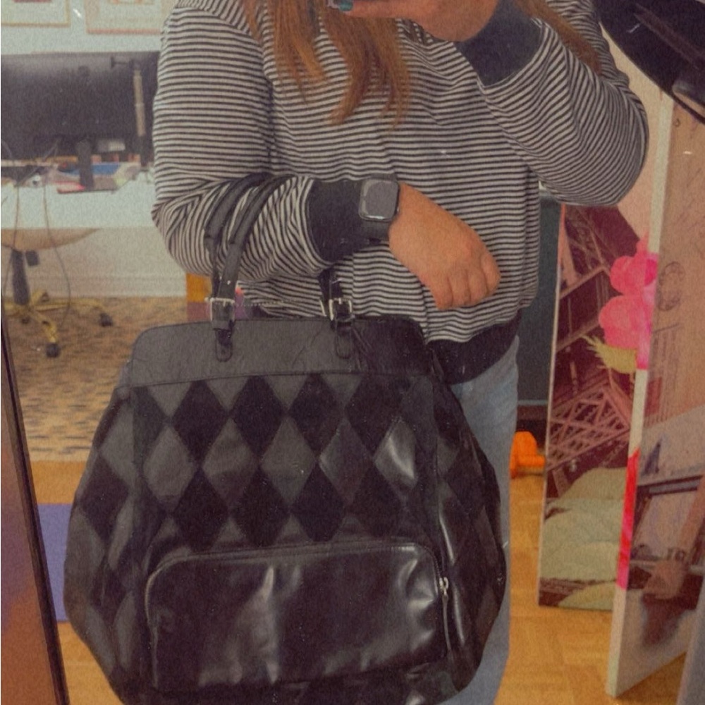 Black Checkered Women's Bag, Italian leather